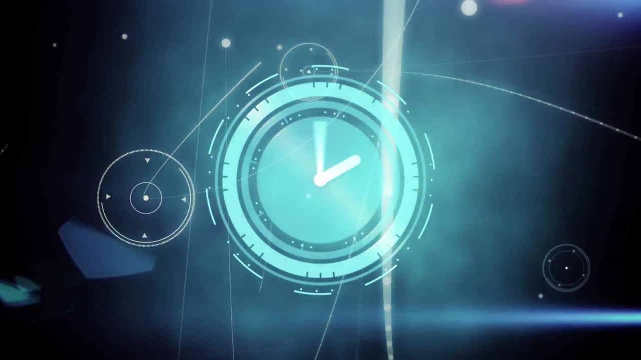 Animation of network of connections and clock moving over black background