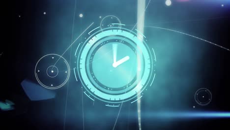 animación de la red de conexiones y reloj moviéndose sobre fondo negro