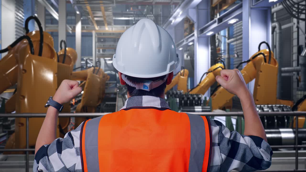 Close Up Back View Of A Male Engineer With Safety Helmet Raising His ...