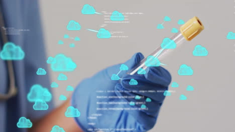 holding test tube, gloved hand with cloud icons and data processing animation