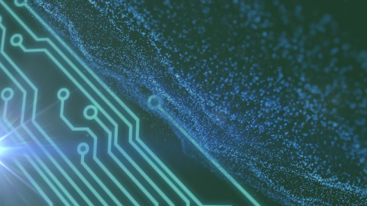Digital animation of glowing light trails over blue background