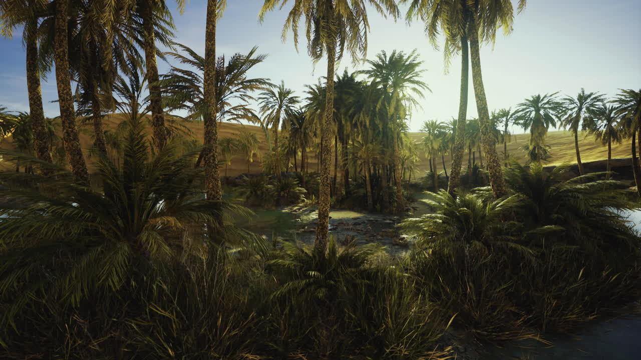 Lush palm oasis with vibrant greenery and tranquil water in a serene landscape