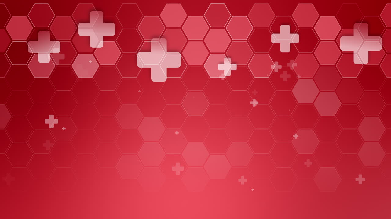 Red medical background with hexagons and crosses. Concepts and ideas for healthcare and medicine design. Loop motion graphic backdrop. Copy space.
