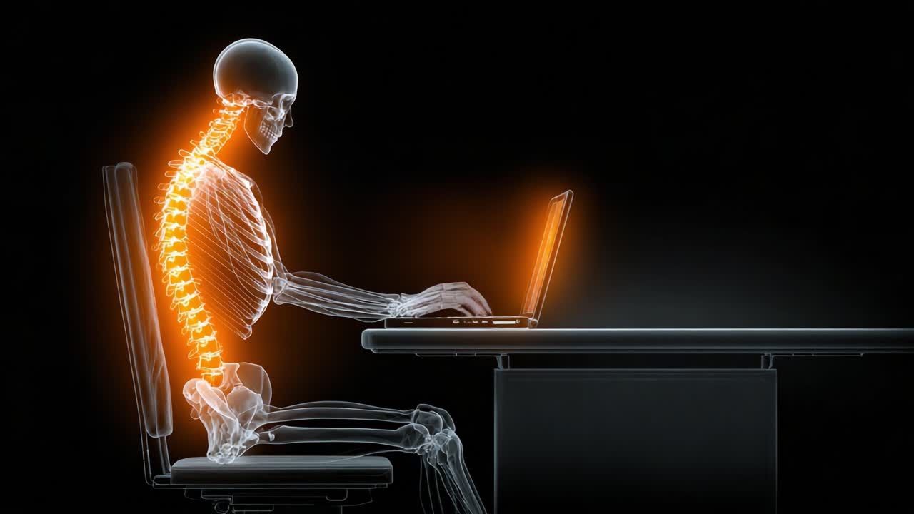 Et indsigtsfuldt kig på ergonomi: Et gennemsigtigt skelet, der illustrerer korrekt holdning ved et computerbord for at fremhæve vigtigheden af rygsøjlens sundhed og komfort.