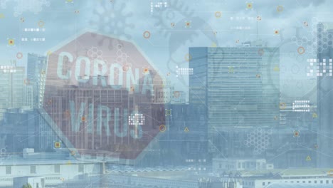 Animation-of-virus-icons-over-cityscape