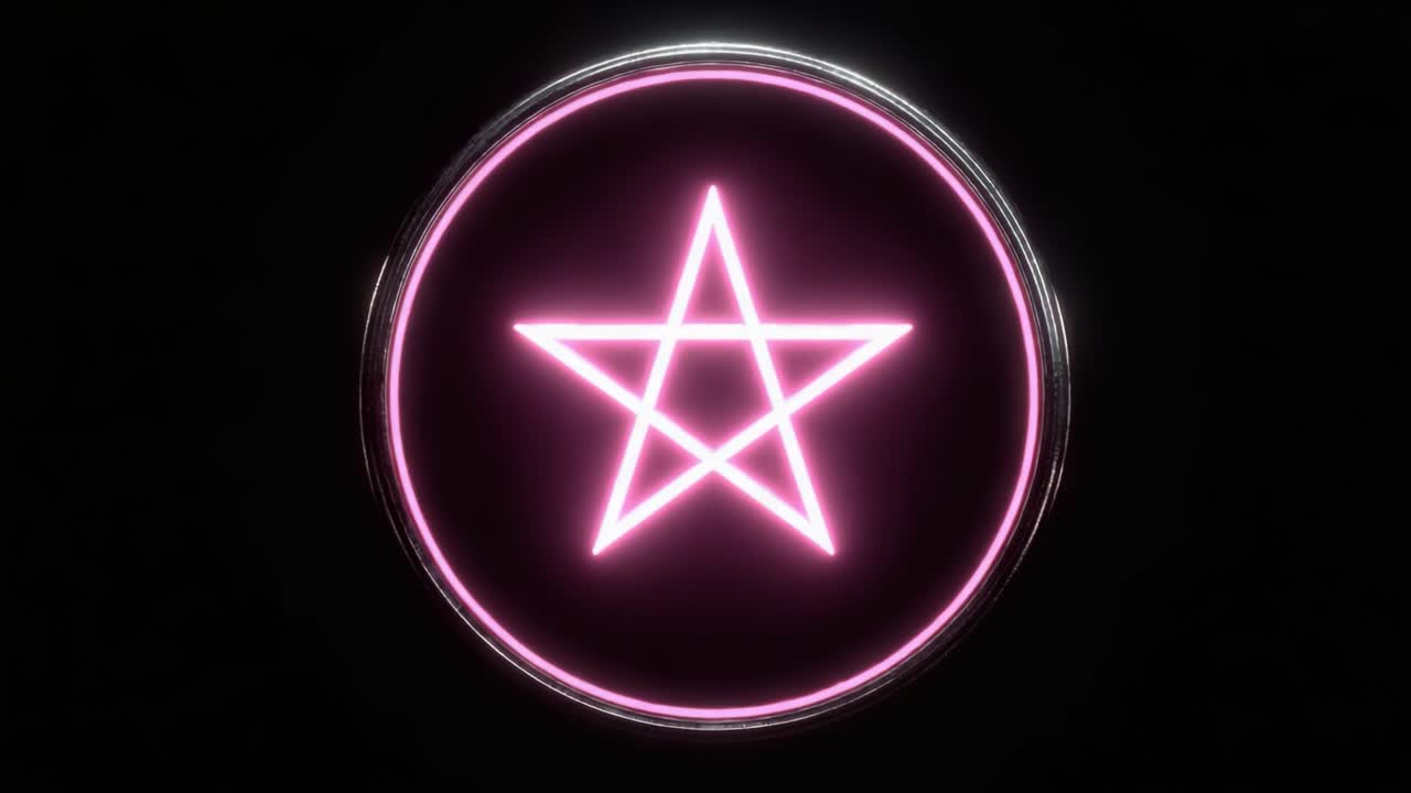 Uchvacující růžový symbol hvězdy obklopený jasným neonovým kruhem, zachycený v obou svých dynamických podobách, představující stylovou směs minimalismu a živosti v designu.