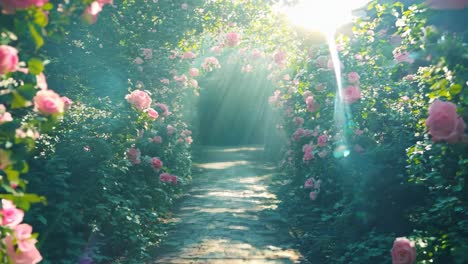 a path lined with pink roses in the middle of a garden