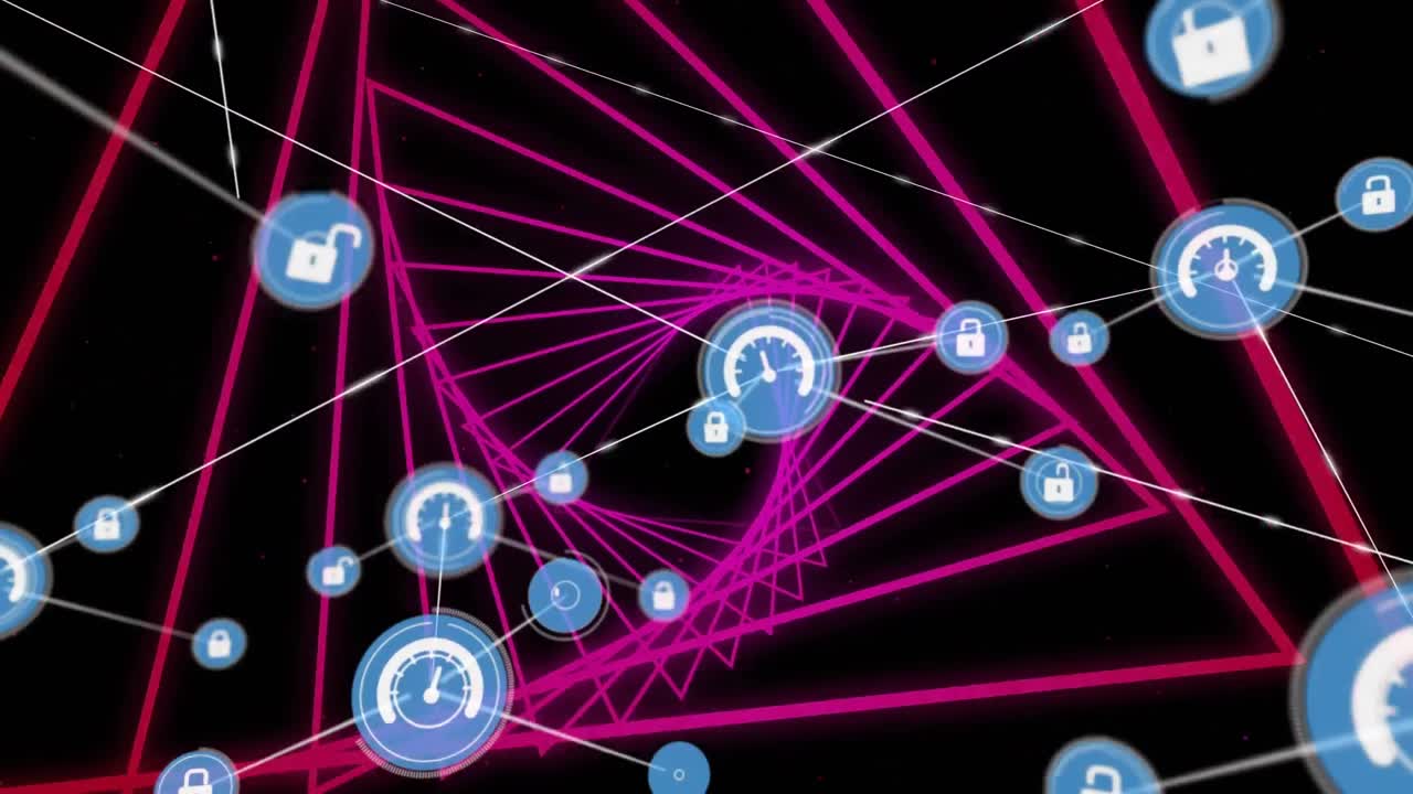 animación digital de una red de iconos digitales contra un túnel brillante de color rosa neón sobre un fondo negro