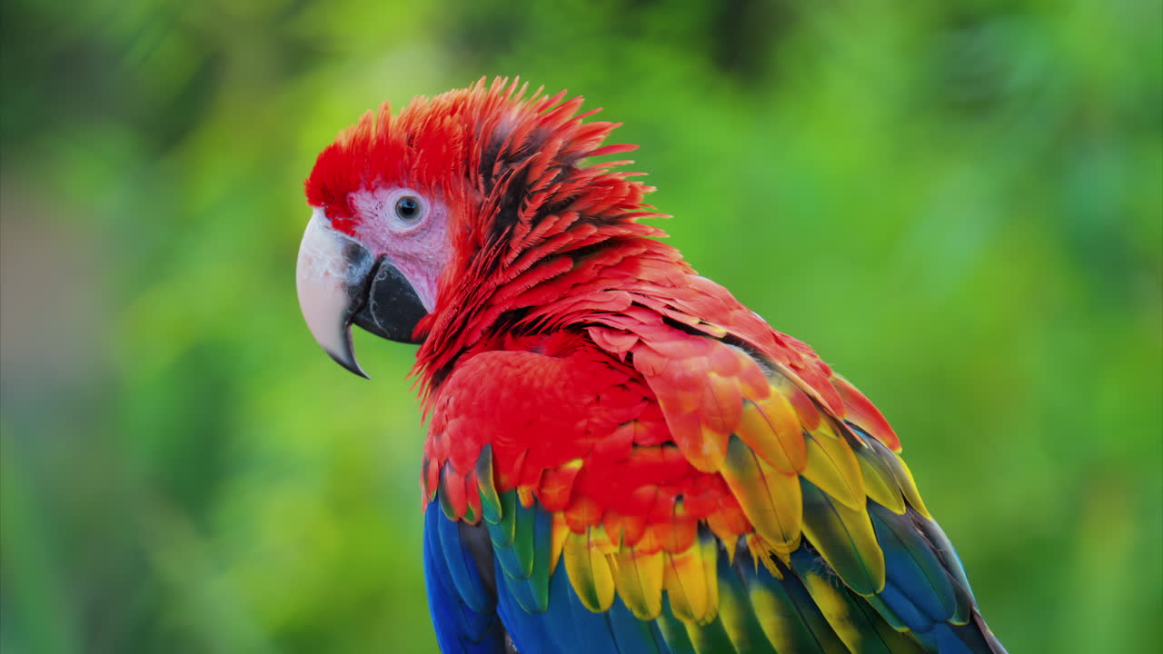 Close up of a red Macaw bird on a blurred background