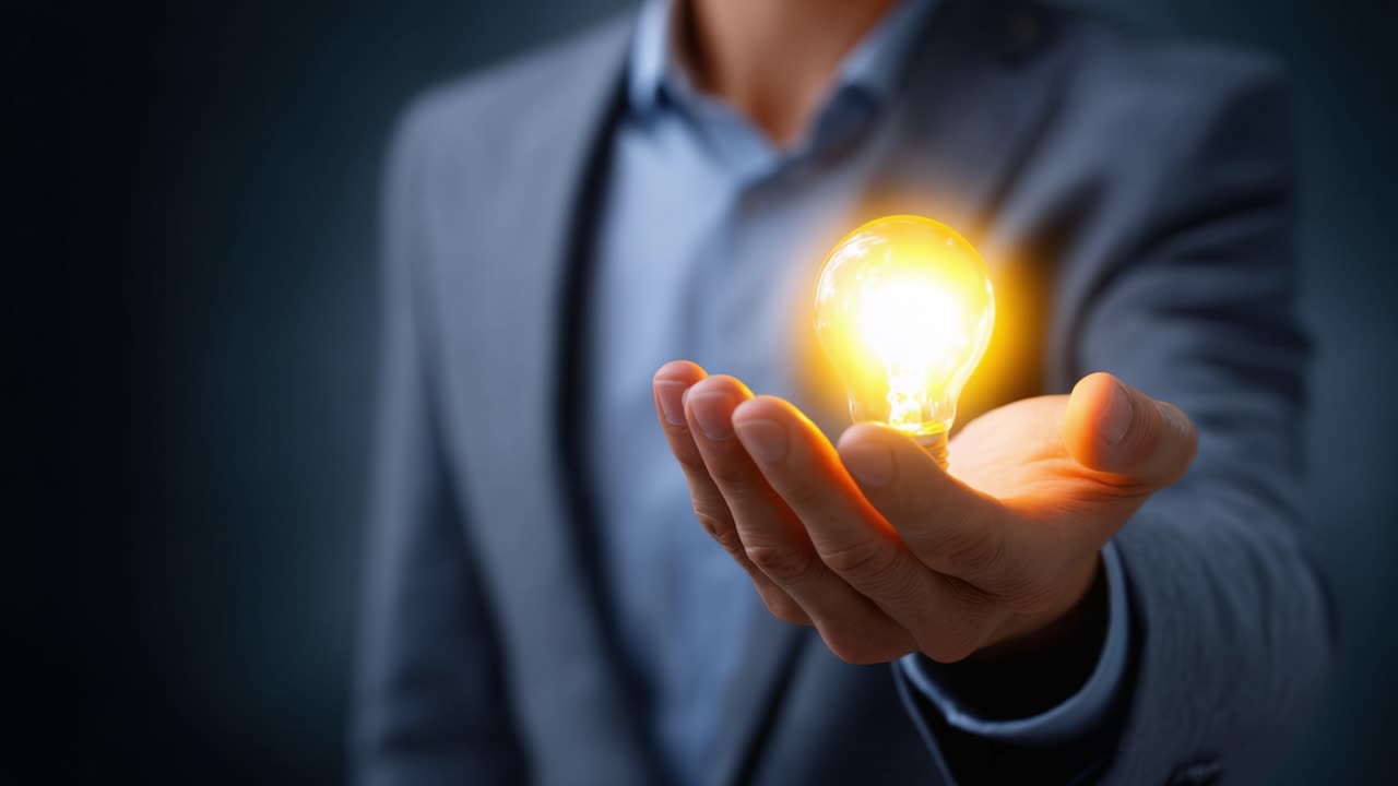 A person in a suit holding a glowing light bulb in their palm, symbolizing creativity, innovation, and bright ideas in a professional and inspirational setting