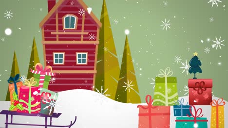 Animation-Von-Weißen-Schneeflocken,-Die-über-Haus,-Bäume,-Schlitten-Und-Weihnachtsgeschenke-Fallen