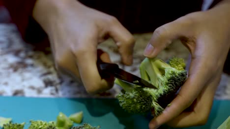 hands of young asian woman carefully slicing broccoli over cutting board