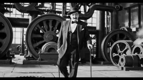 man in a vintage suit walking through an old factory