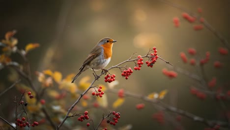 a beautiful bird perched on vibrant berries against a softly illuminated background, showcasing nature's splendor in a tranquil moment