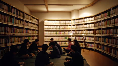 library scene and girl on tv