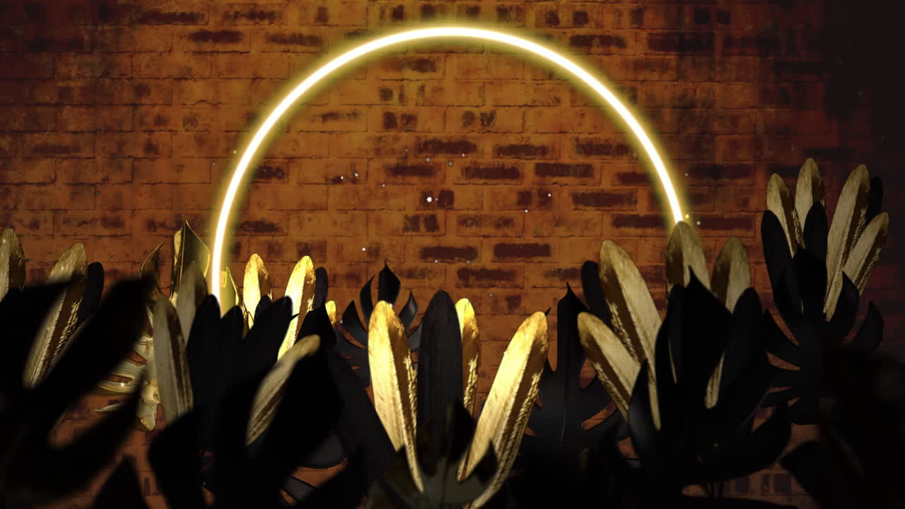 Animation of neon circle and leaves on brick background