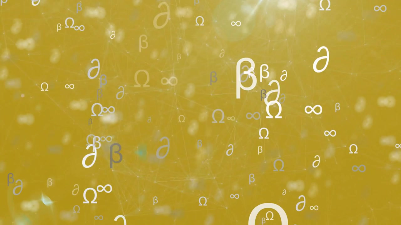 All'inizio, simboli greci fluttuano, svaniscono e scivolano su una sfumatura dorata, visualizzando un concetto matematico.