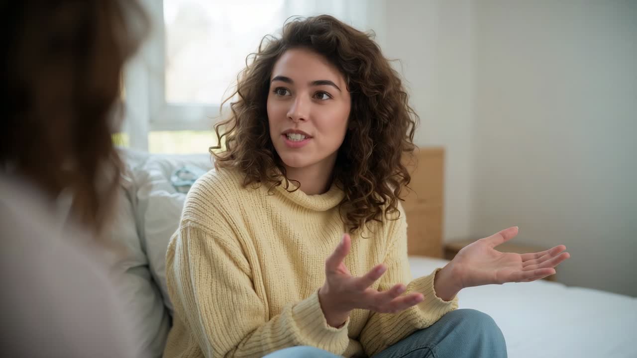 Donna che parla con maglione chiaro, gesticolando, in pausa, che indica, abbassandosi dopo il suggerimento di un amico a casa con il microfono