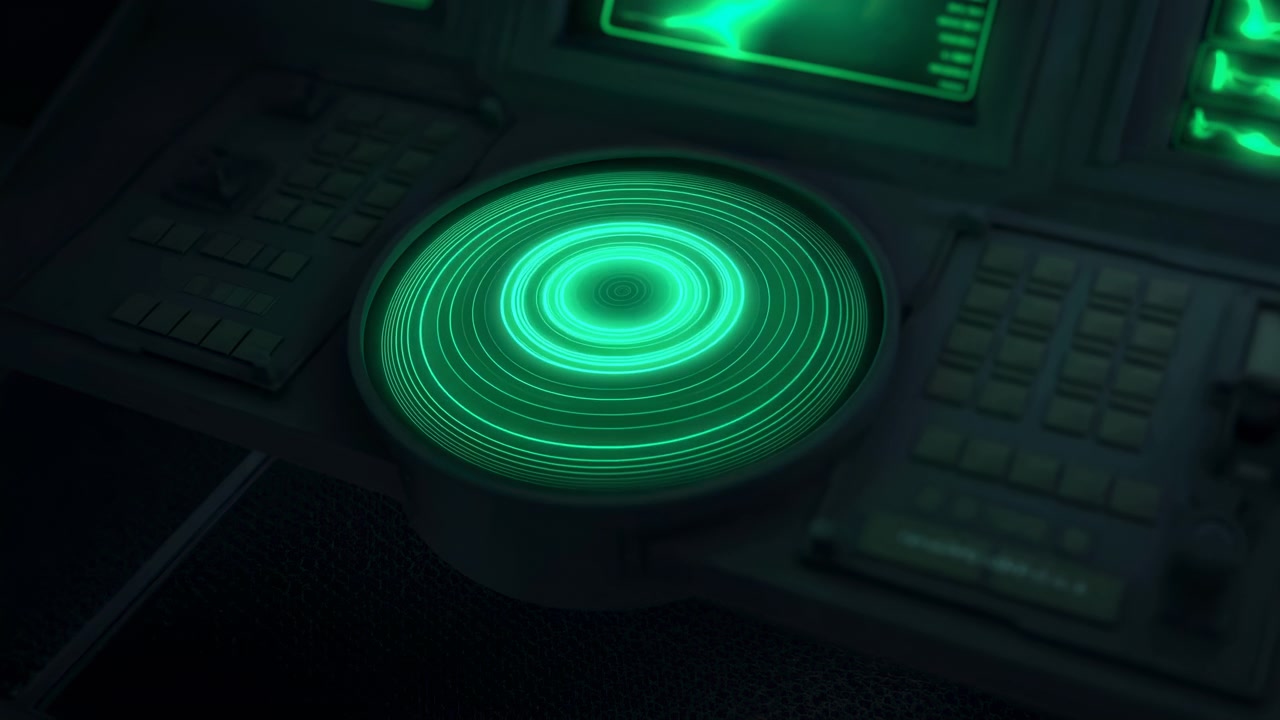 A luminous green circular interface glows near the center of a dark futuristic control panel, surrounded by dim keys, screens, and soft neon reflections in