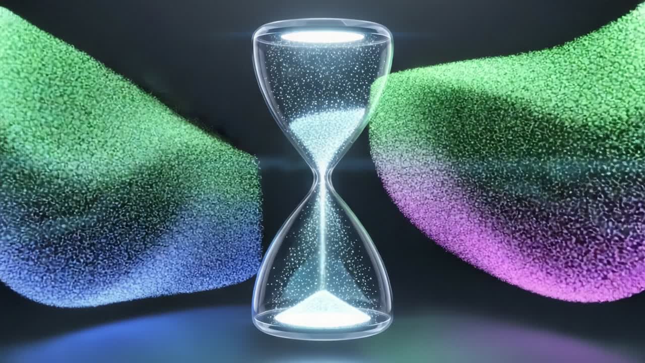 An ethereal hourglass surrounded by vibrant particles, symbolizing the passage of time and the intricate interplay of reality and illusion in a visually captivating digital landscape