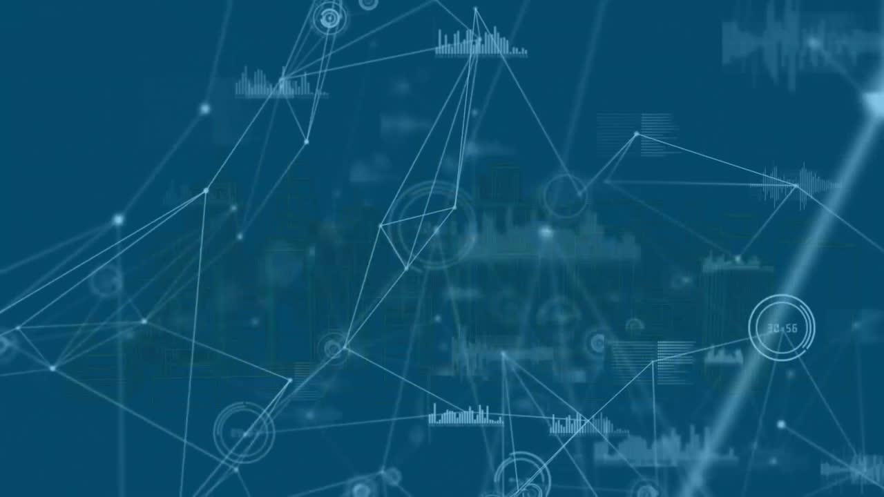 Animation of network of connections and data processing over city on blue background