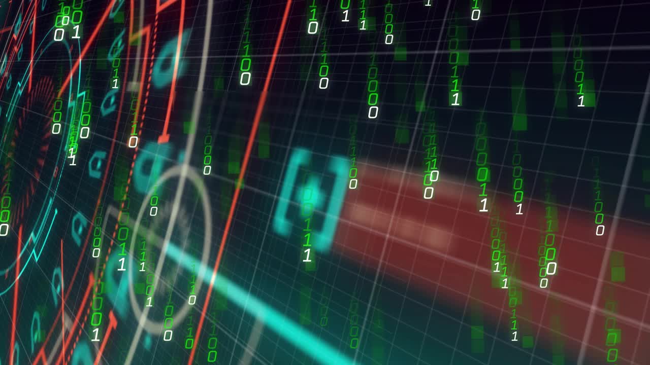 Starting teal gauge appearing on grid HUD sliding pointers, binary descending, visualizing data