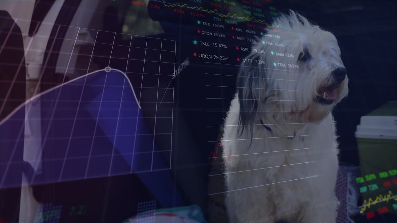 Stock market charts drifting over business suit in car, with fluffy dog, coffee in flat design