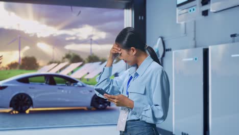 side view of asian female with her smartphone with home energy storage system in a modern garage, checking with dissapionted and nodding her shead