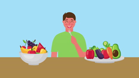 young man with fresh healthy food in bowl