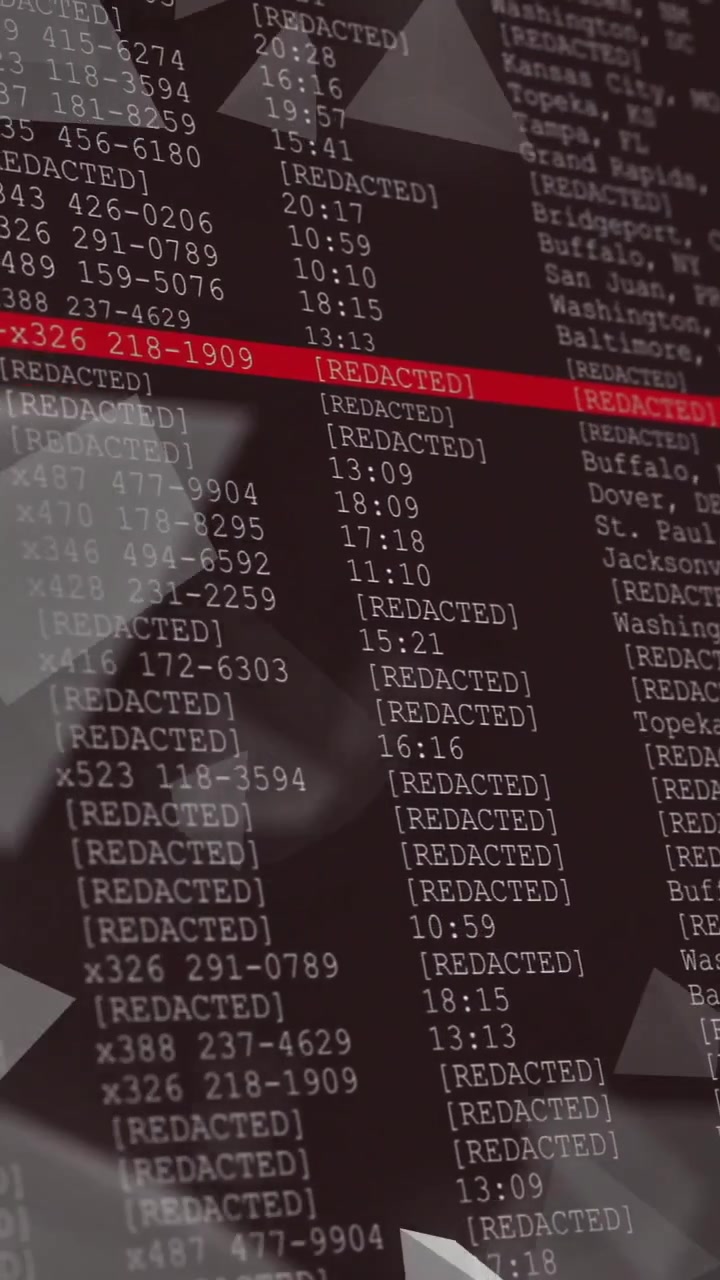 Data processing animation over redacted information and floating geometric shapes