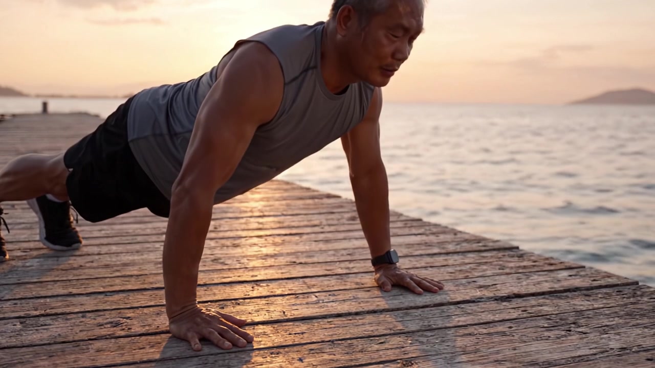 A dedicated individual performing push-ups by the serene waterfront at sunset, showcasing strength and perseverance in a tranquil natural setting.