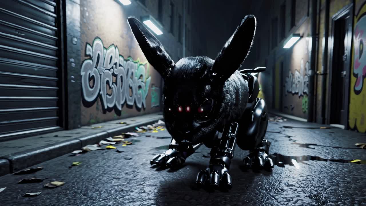 Mechanical Rabbit in a Cyberpunk Alley