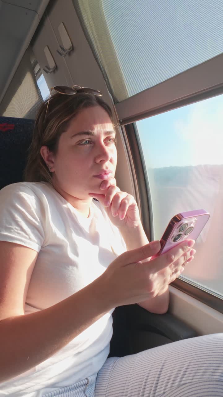 Thoughtful Female Traveler Looking at the Scenery from a Train