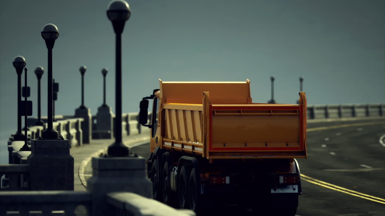 Colorful truck travels along the bridge at dusk capturing urban serenity