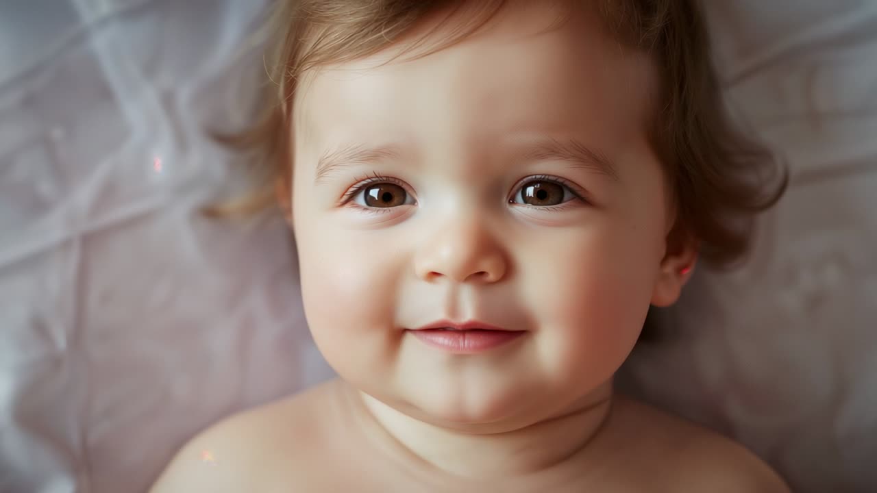 Reacting to camera baby girl blinking smiling on quilted blanket in nursery, expressing curiosity