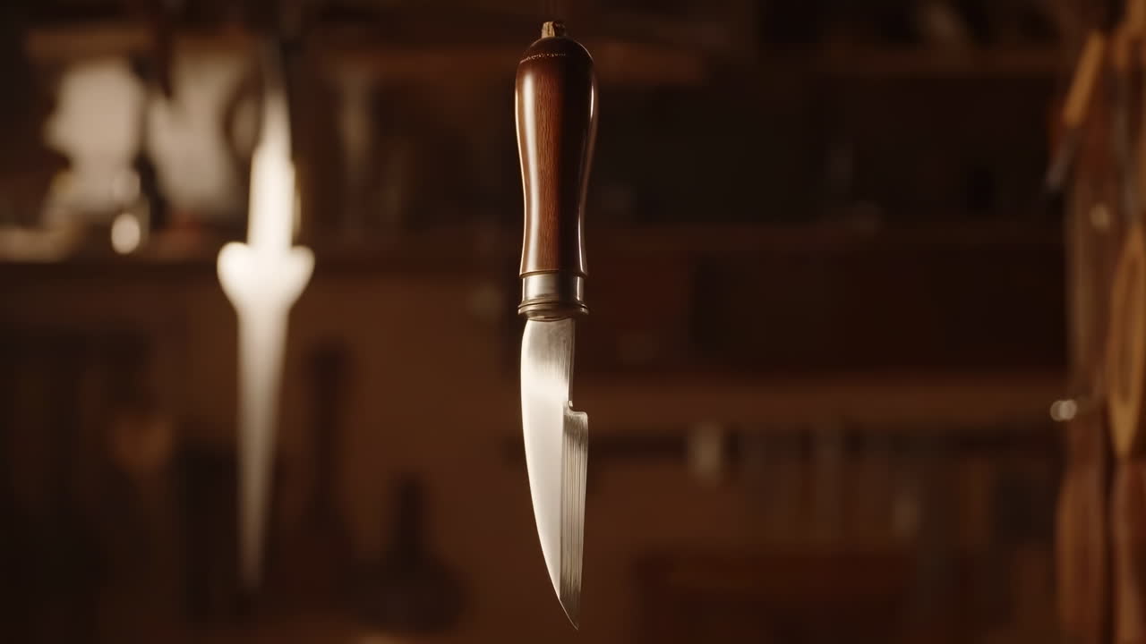 Håndlavet kniv med træhåndtag roterer langsomt