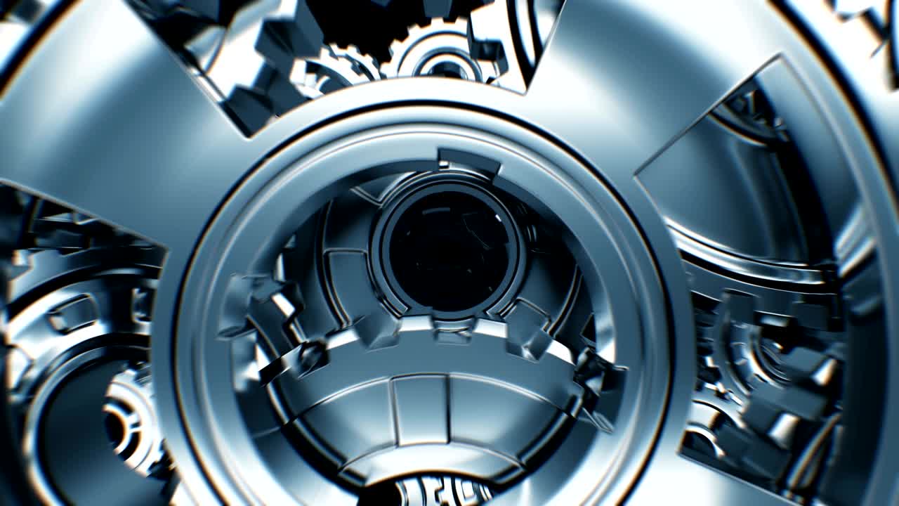 volando a través de los engranajes metálicos giratorios construcción sin problemas. hermosa animación en bucle 3d. proceso de trabajo abstracto. trabajo en equipo concepto de negocio y tecnología.
