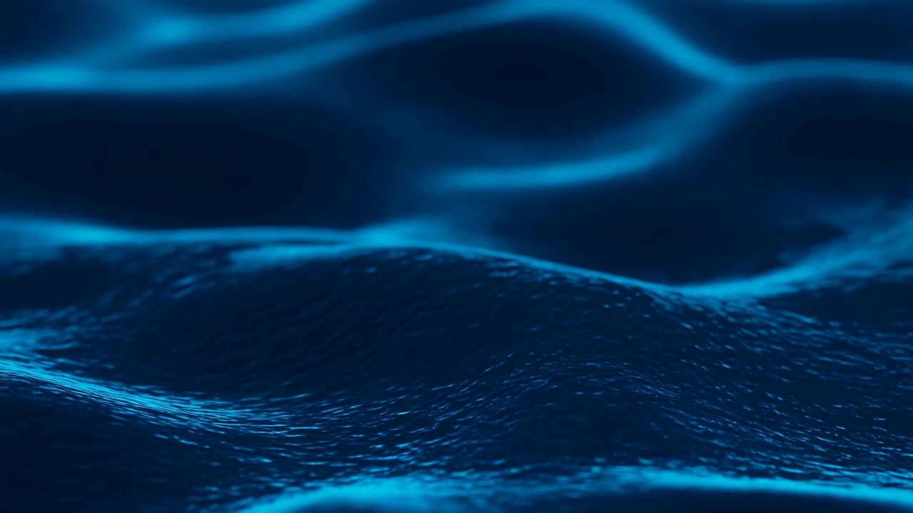 Abstract blue motion scene features flowing ribbonlike light trails rippling across glossy deep surface with calm luminous texture, creating tranquil futuristic atmosphere for premium branding and