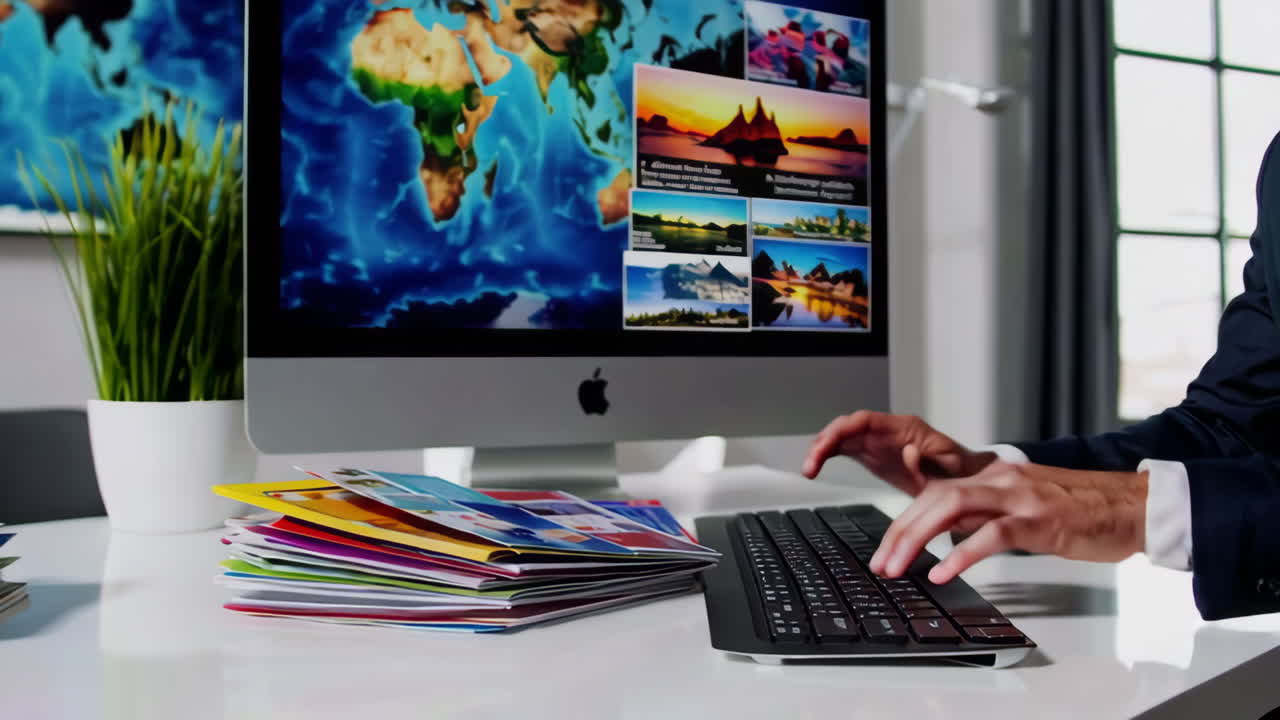 Person working at a desk with a computer displaying images and world map