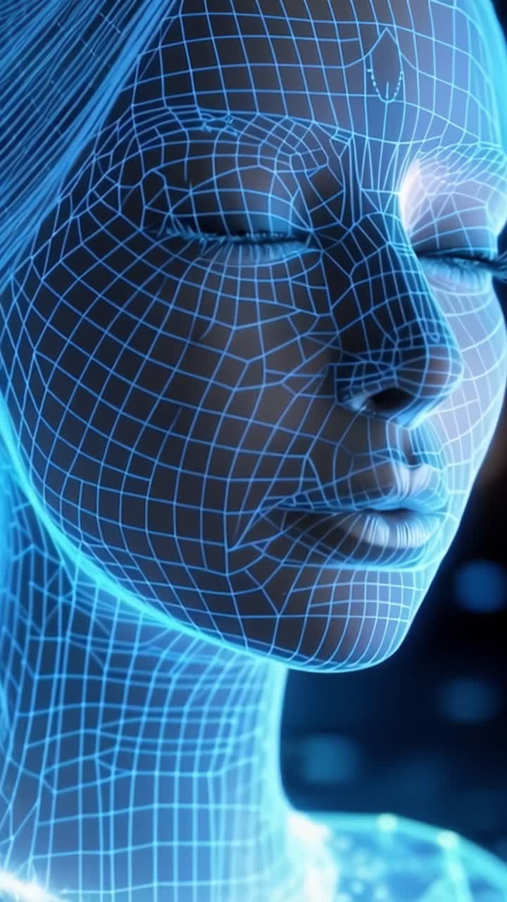 A mesmerizing digital representation of a humanoid figure, showcasing intricate wireframe designs and glowing blue tones, illustrating advanced artificial intelligence integration