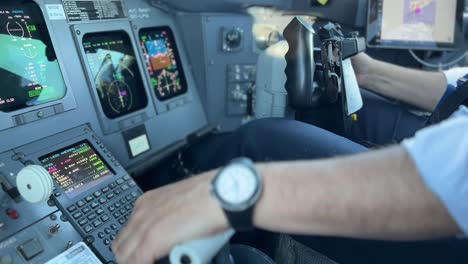 cockpit view of a jet while copilot is landing with unfocused background