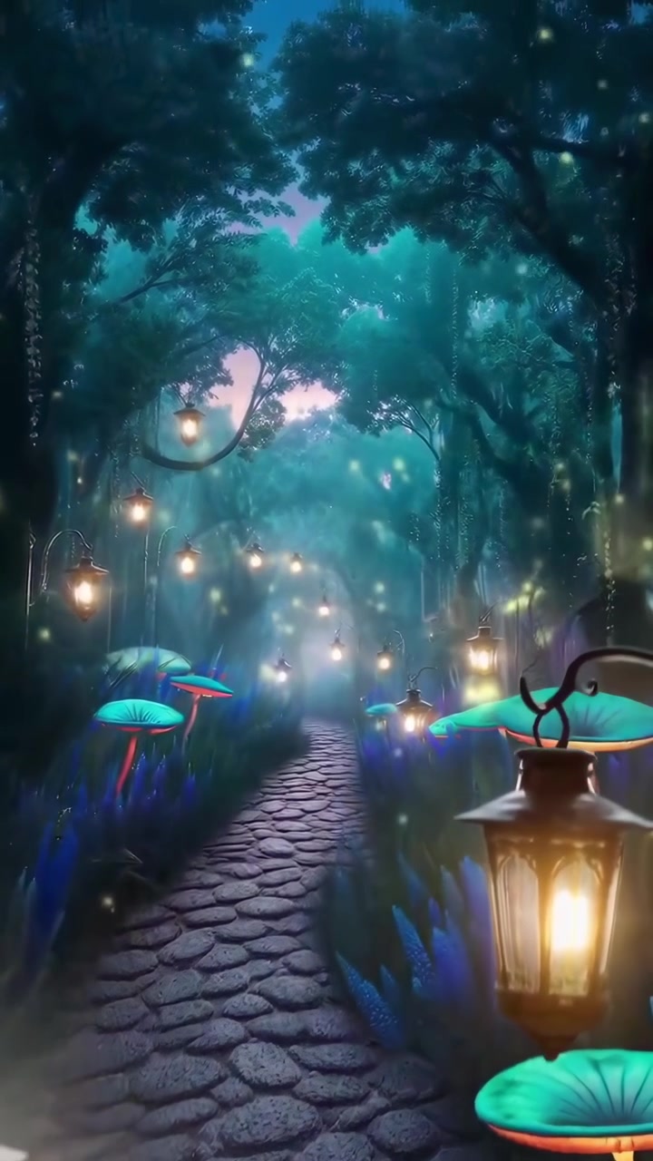 Sentiero magico nella foresta illuminato da lanterne e lucciole