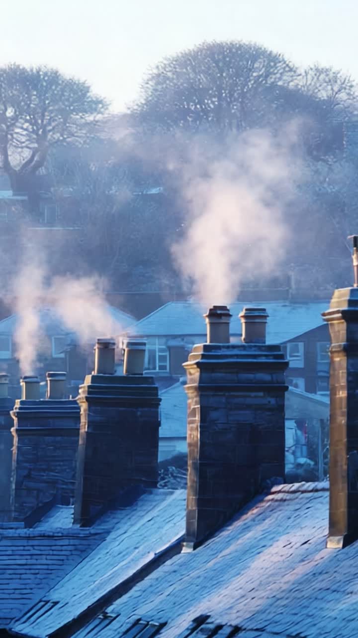 A Serene Morning Over Rooftops: Wisps of Smoke Rising from Chimneys Touching the Clear Blue Sky, Set Against the Backdrop of Frost-Covered Houses and Leafless Trees in the Early Light of Day