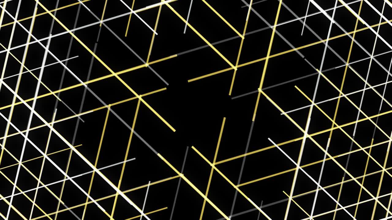 Thin yellow and grey laser beams spin isolated on black background. Animation. Abstract rotating and crossing laser lights, background for nightclub, music festival