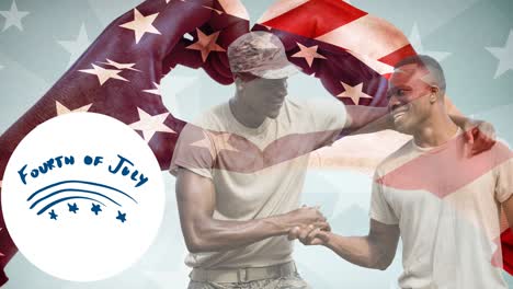 animation of fourth of july text with male soldiers shaking hands over american flag