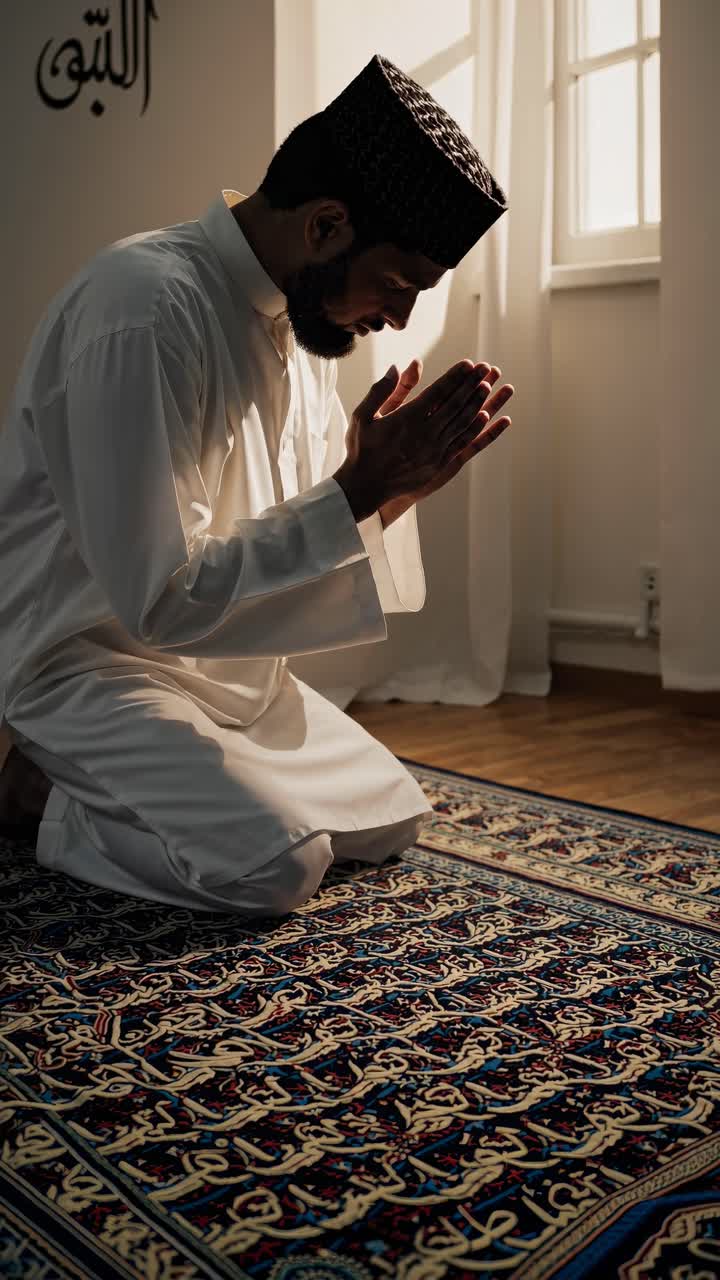 A man in traditional attire prays on a patterned rug, captured in a warm, low-angle shot