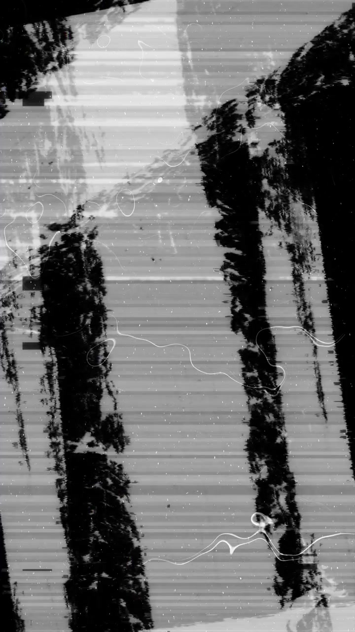 Linea liquida astratta, distorsione digitale, particelle morbide, bande di glitch orizzontali, digitale fluido.
