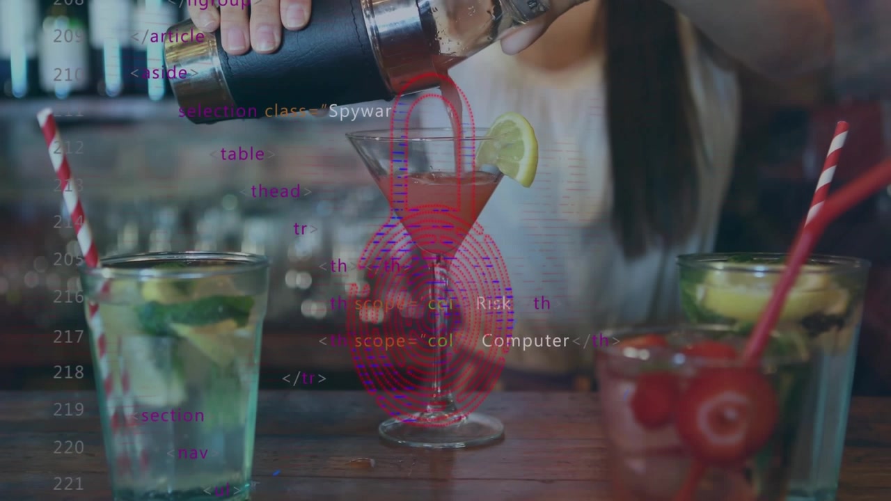 Animação de ícone de cadeado de segurança contra a parte central de uma bartender preparando coquetéis