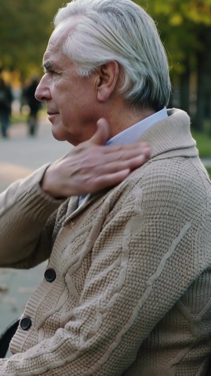 Dikey video: Eli havada, bej hırkalı yaşlı adam park bankında boynunu ovuşturarak rahatlama arıyor