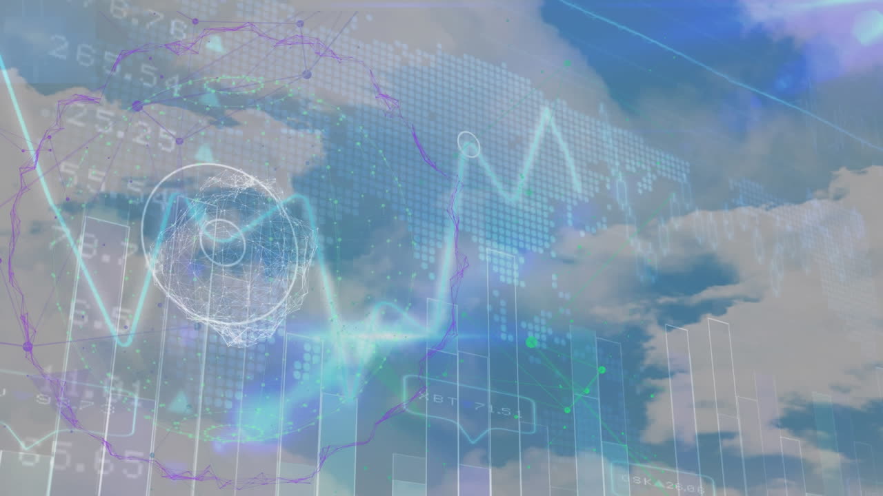 전 세계 연결 네트워크의 애니메이션과 하늘의 구름에 대한 데이터 처리